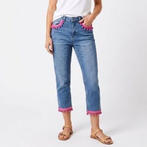TopShop Moto Womens NWOT Blue Denim Pink Pom-Pom Straight Leg Crop Jeans Size 30